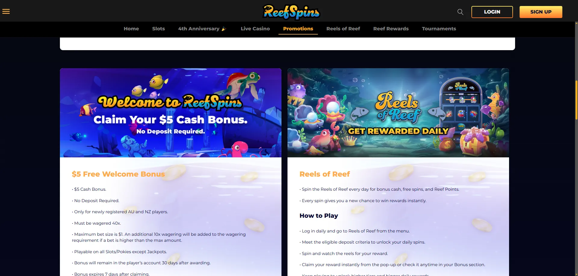 ReefSpins Casino bonus code REEF30 — no deposit free spins offer 2026